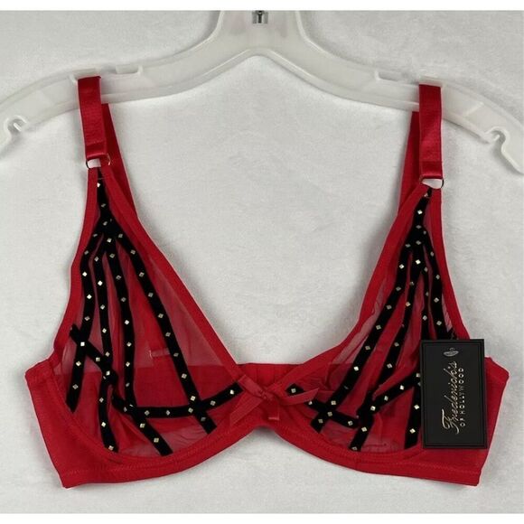 Frederick's Of Hollywood Women's Size 32F Red Rozlyn Mesh and Stud Red Bra - Picture 2 of 6